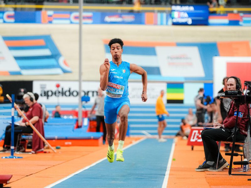 Mattia Furlani agli europei di Apeldoorn.